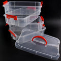Closed view of 4-layer transparent plastic storage box for organizing small essentials