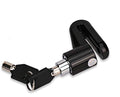 A black motorcycle wheel security device with an open shackle and two black keys attached to a silver keyring.