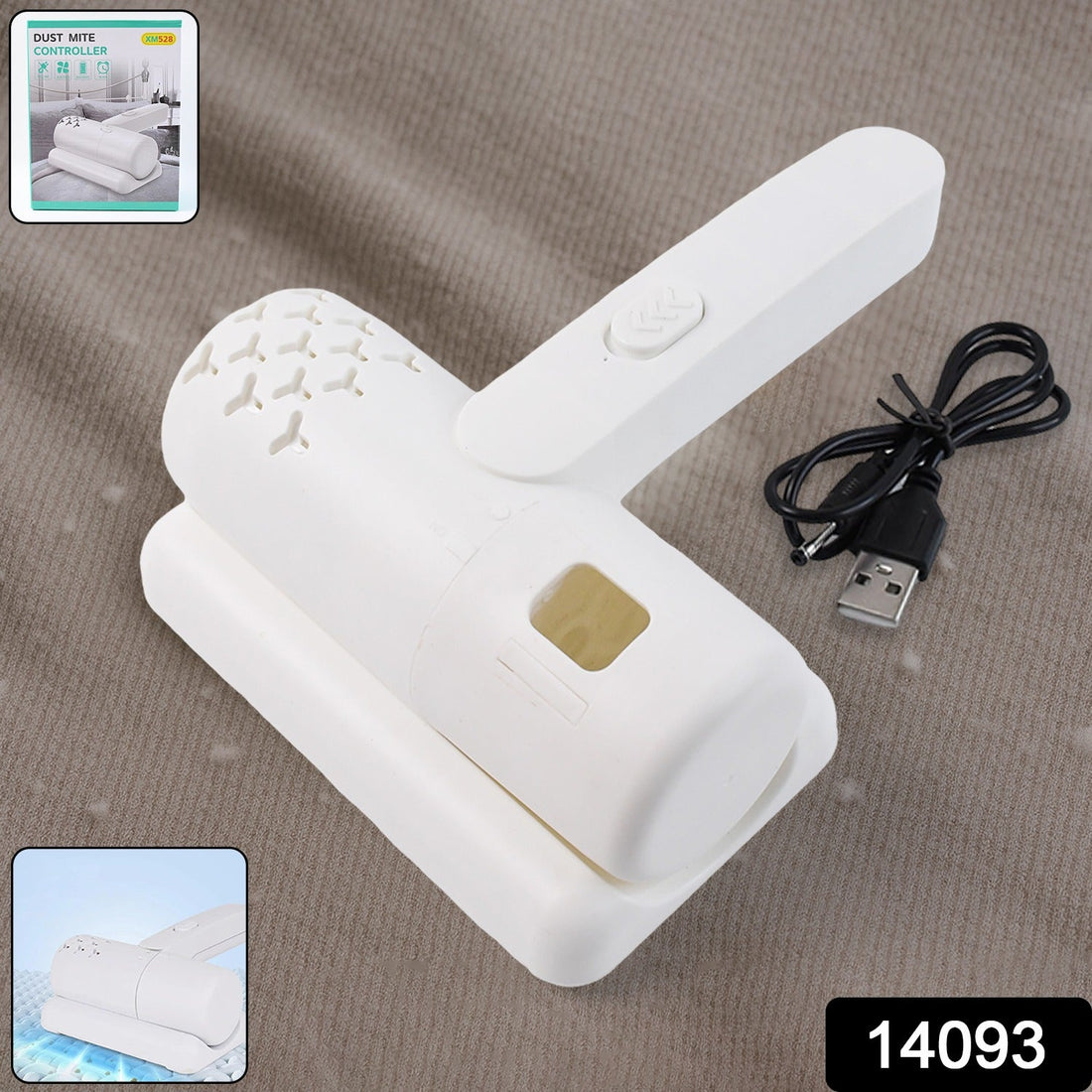 Dust Mite Controller USB rechargeable device on fabric surface