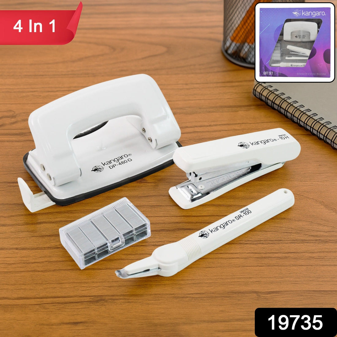 Kangaro office stationery set featuring stapler, staple remover, staples, and hole punch
