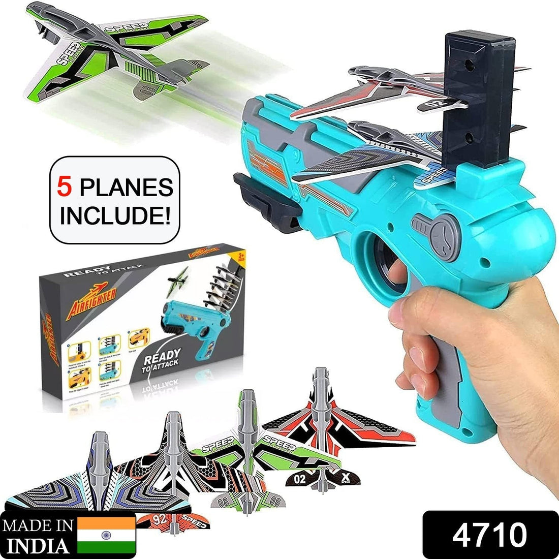 Kids' airplane launcher toy with five colorful foam planes ready for flight.