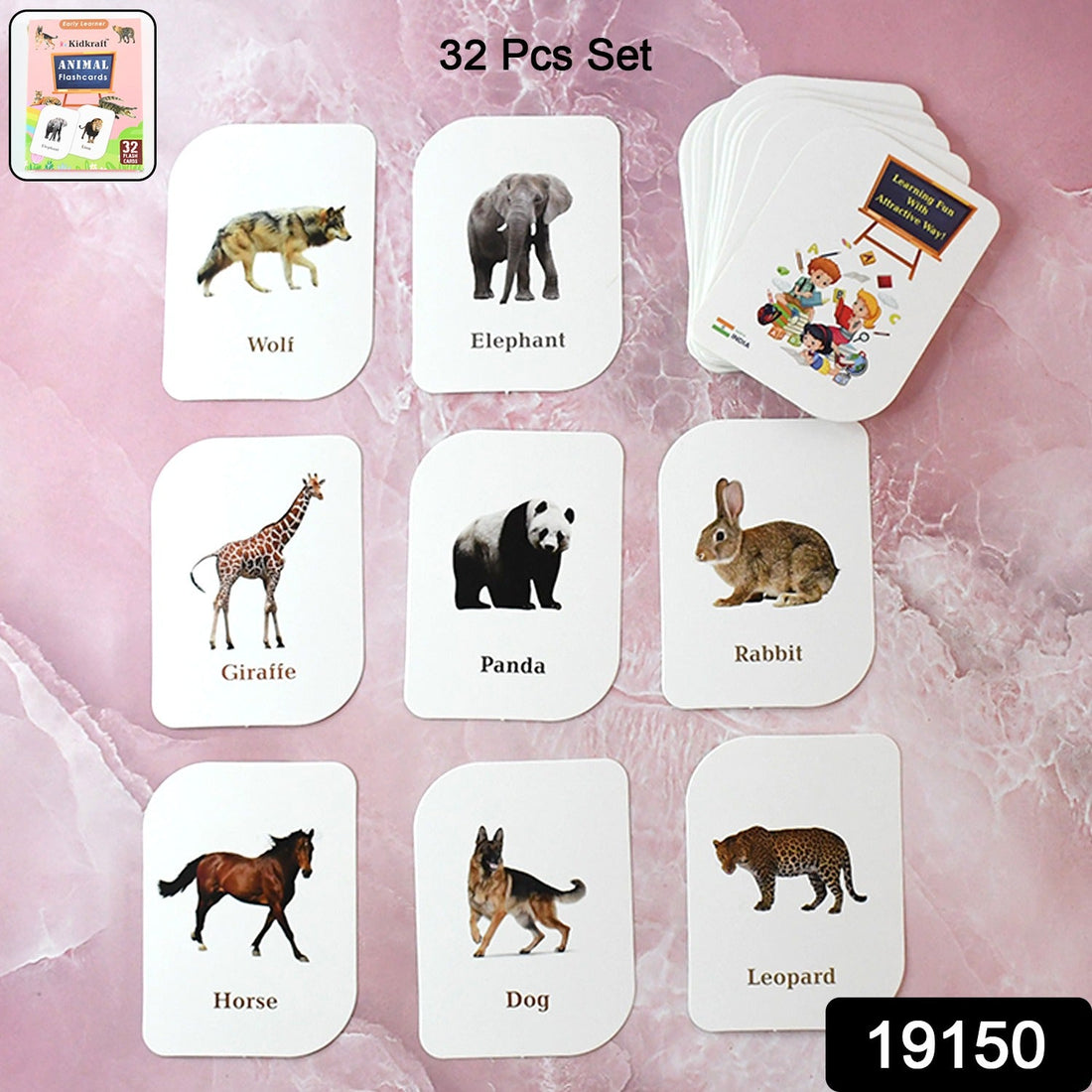 Box containing 32 durable and laminated animal flash cards for toddlers