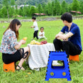 Close-up of the pick and move handle on the portable plastic step stool for easy carrying.