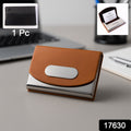 Business card holder with secure magnetic flap closure in brown leather