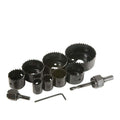 BoltForce 11-piece wood hole saw kit components neatly arranged for inspection.