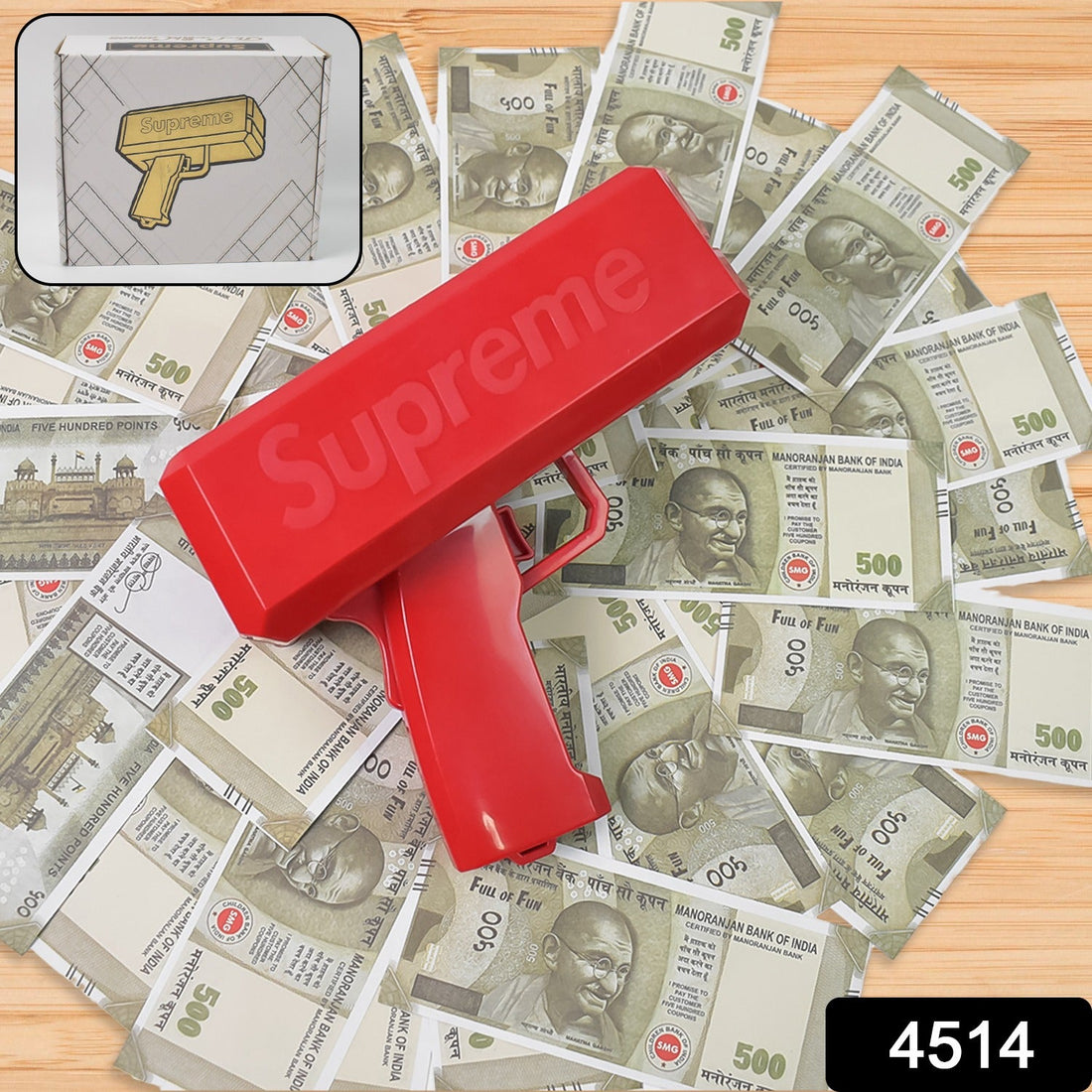 Money gun shooting play money bills at a lively party.