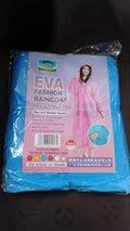 A blue packaged rain jacket with a label showing a woman in a pink version and product details.