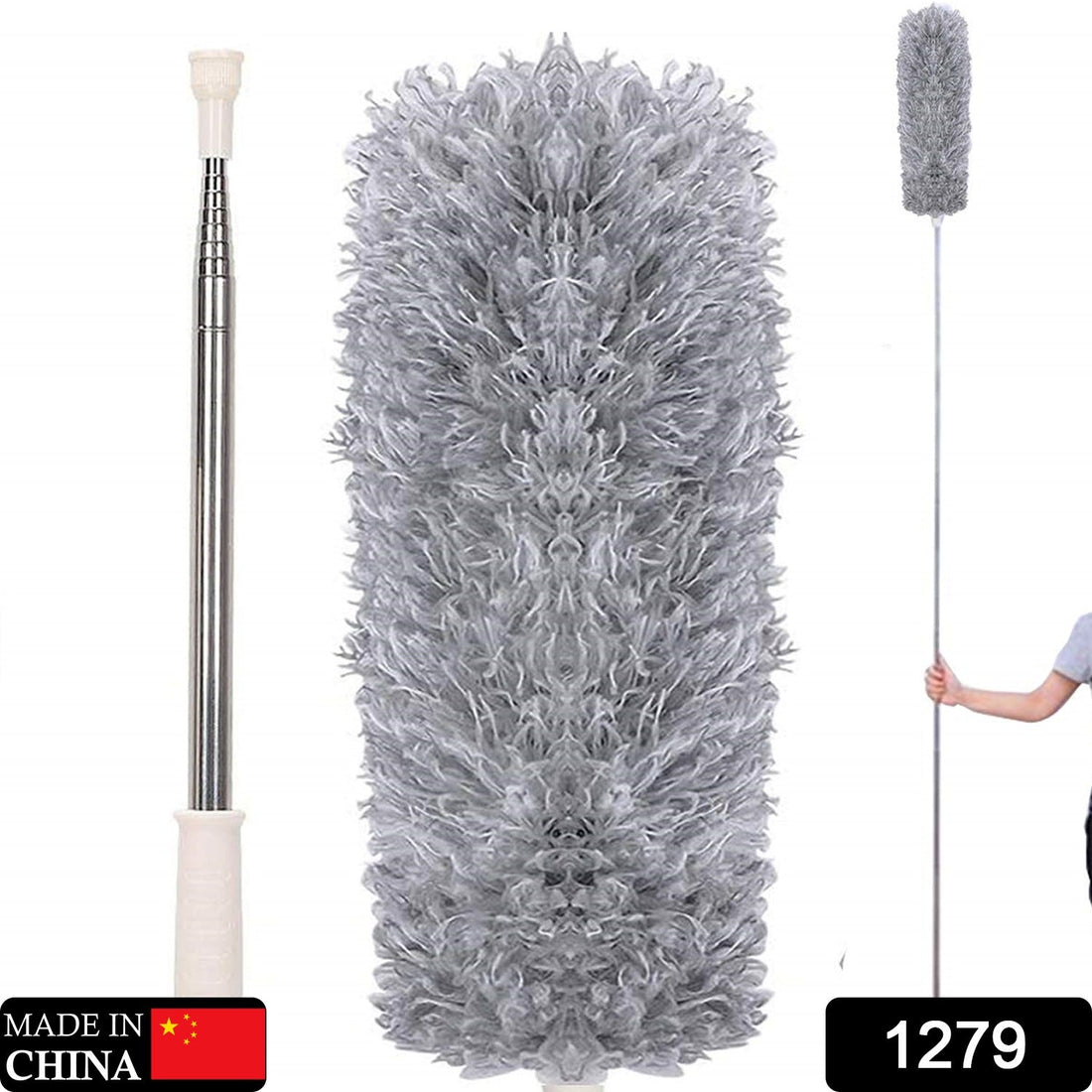 Microfiber duster with 100-inch extendable handle cleaning a high ceiling.