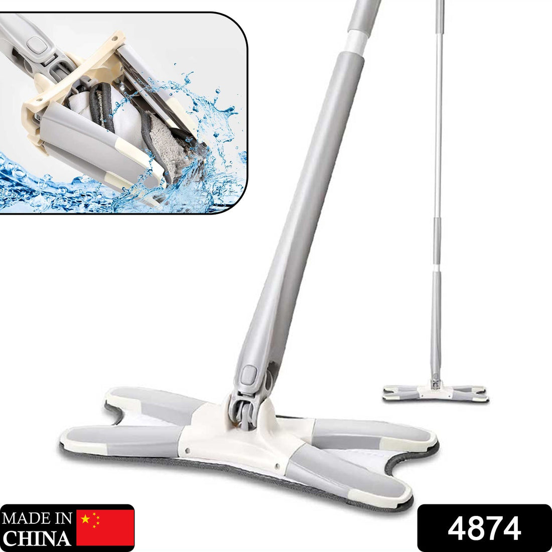 X-shape hands-free mop system with microfiber pad, ready for floor cleaning.
