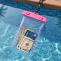 Demonstration of waterproof pouch used in swimming pool