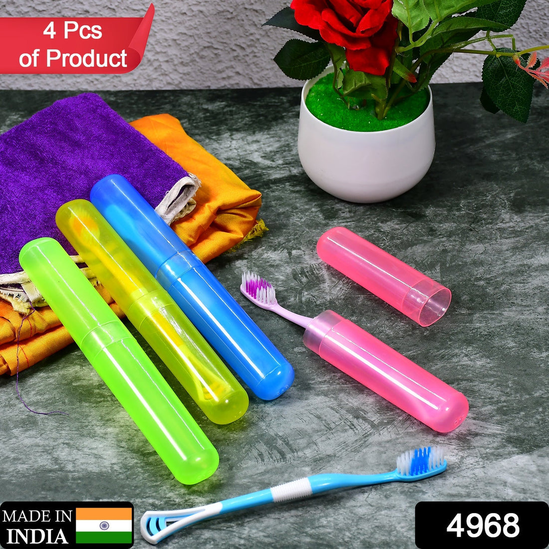 Four anti-bacterial toothbrush covers in plastic, displayed for travel.