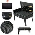 Side-by-side comparison of the folded and unfolded portable barbecue grill.