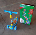 Underside view of kids scooter showing wheel and folding mechanism