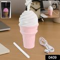 LED desktop humidifier in ice cream cone design showing mist and mood light