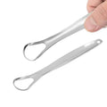 Stainless steel tongue scraper shown with its protective travel case.
