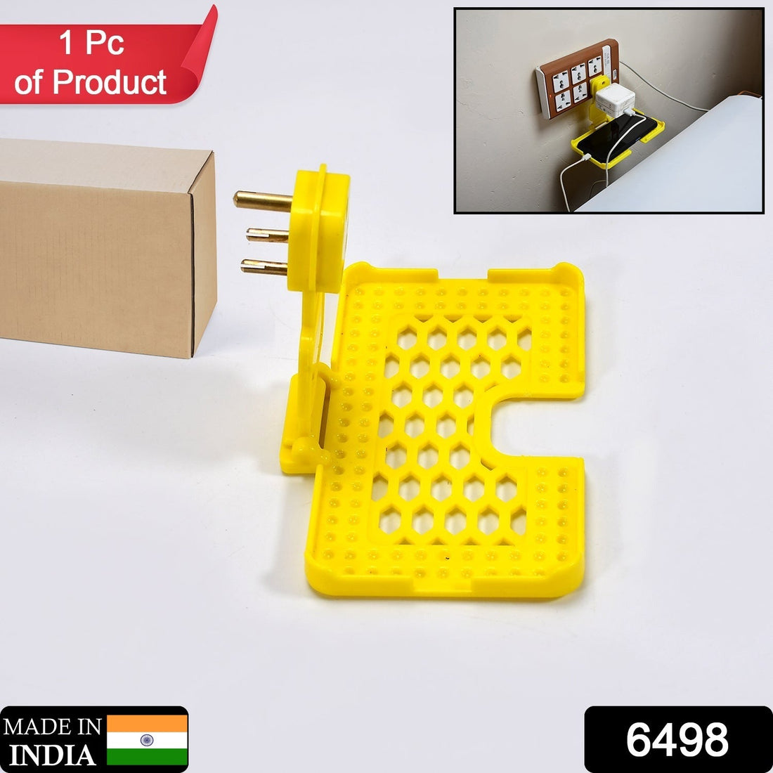 Yellow Mobile Charging Wall Holder securely plugged into a power socket.