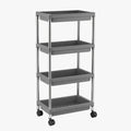 Stainless steel framed multi-tier rolling cart with practical plastic shelves.