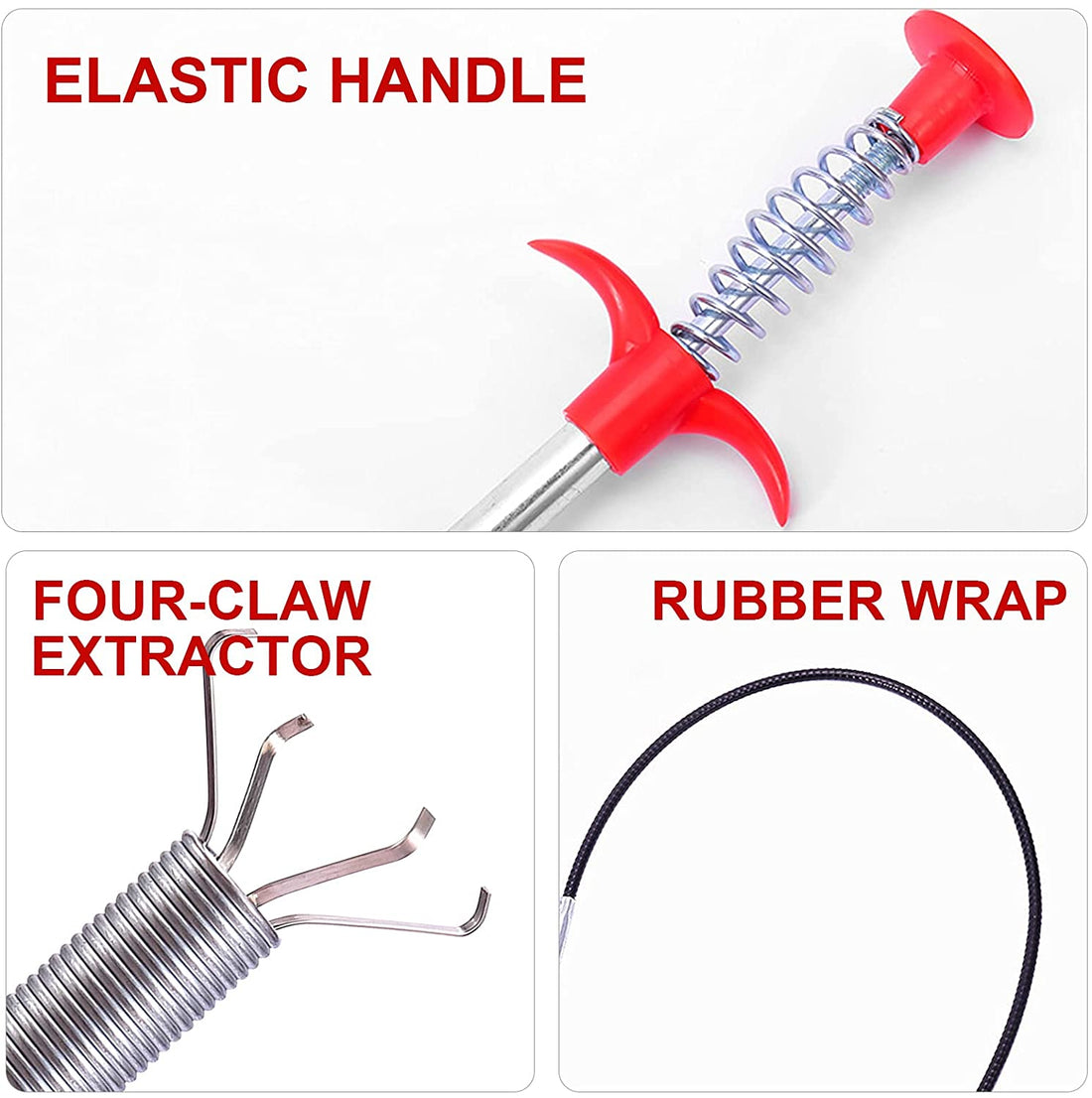 Flexible 290cm drain cleaner tool with a claw for effective pipe unclogging.