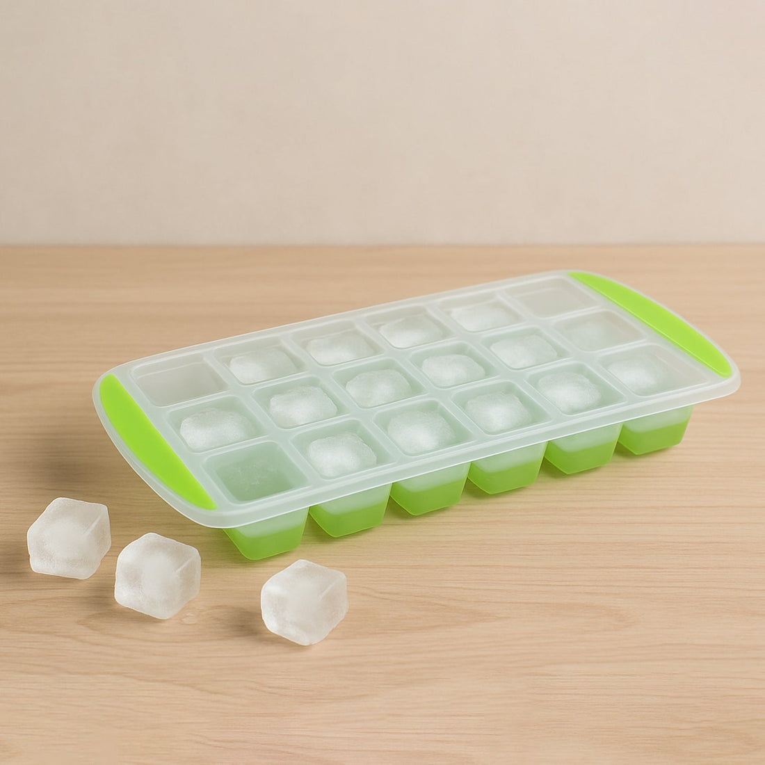 Close-up of a blue 18-cavity silicone ice cube tray, highlighting its texture.
