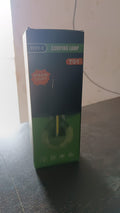 The green and black packaging for a portable LED tent light, labeled 