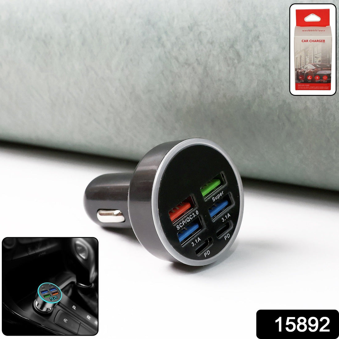Multi-port car charger for 12V and 24V vehicles with 4 USB ports and LED ring indicator