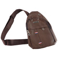 A brown leather sling bag with a silver zipper pull and a small metal ring near the top of the strap.