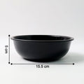 Black plastic serving bowl with dimension markings graphic