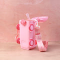 Front view of cartoon bus water bottle with comfortable strap for kids