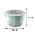 Measurement diagram of manual vegetable grater with dimensions 14 cm length, 13 cm width, 8 cm height