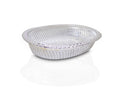 Close-up of a decorative oval silver tray with intricate royal patterns.