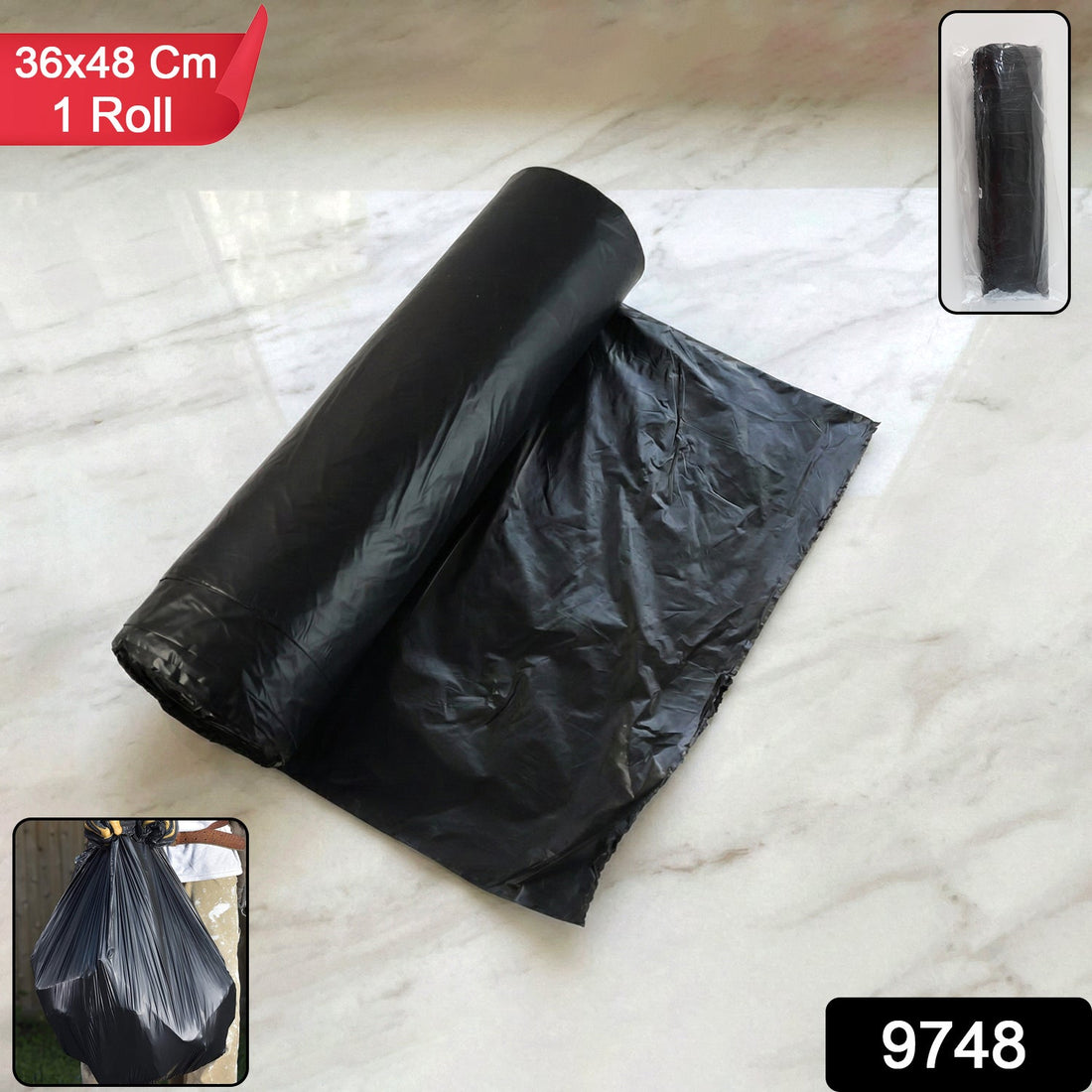 Heavy-duty black garbage bag roll, ideal for home waste disposal.