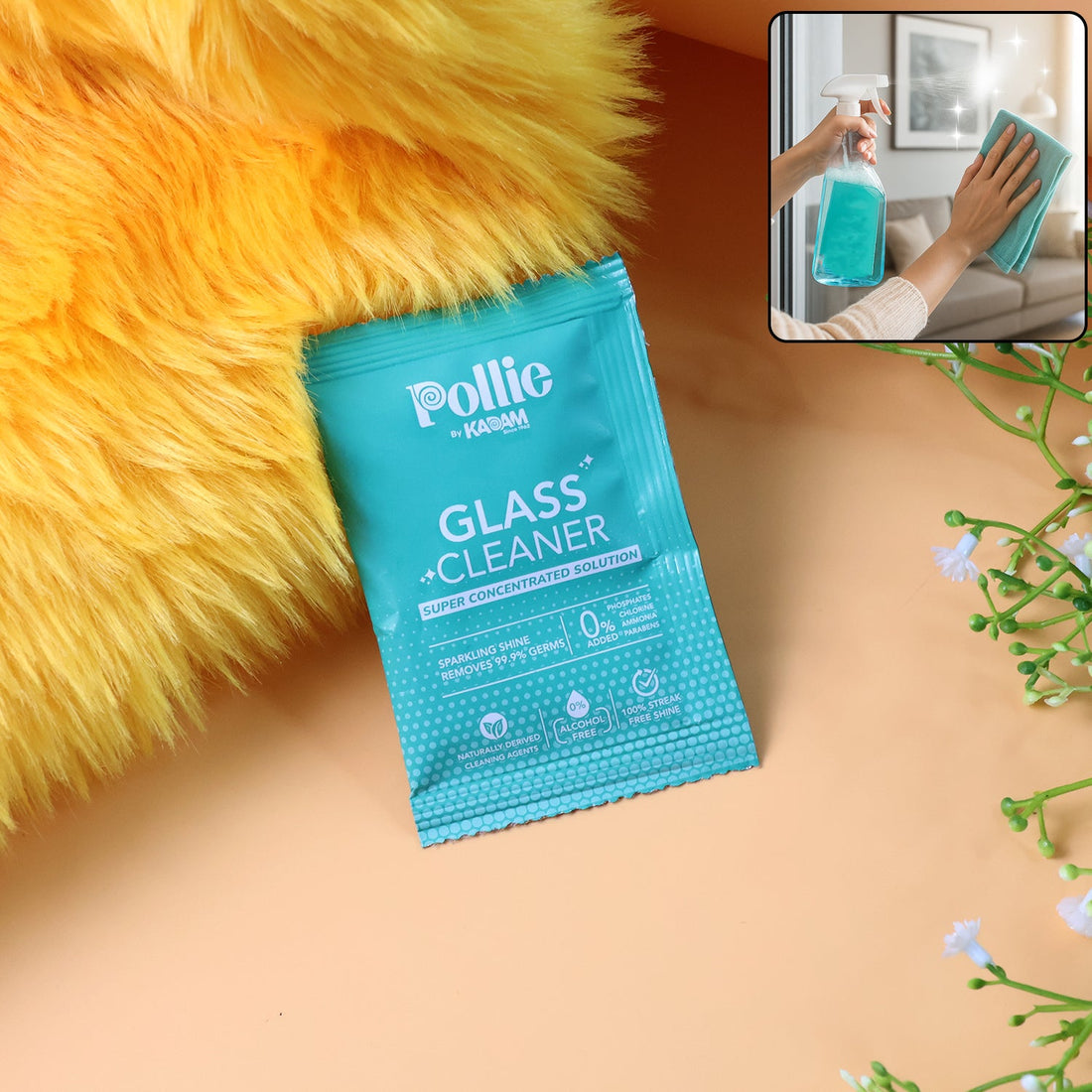 Spray bottle with Pollic Kadam glass and mirror cleaner and microfiber cloth
