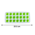 Measurement graphic showing the dimensions of the plastic 21-grid ice cube tray.