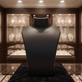 Front view of black mannequin bust necklace display stand highlighting necklaces in India