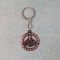 Metal Jai Shree Shyam keychain displaying intricate engraving and crystals