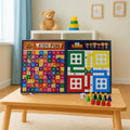 Foldable wooden board game set open displaying the Ludo game