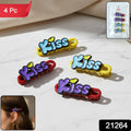 Pack of four Kiss text hair clips with packaging visible