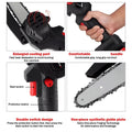 Close-up of mini electric chainsaw showing ergonomic grip and safety guard