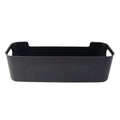 Collection of stackable black plastic storage trays for organizing items