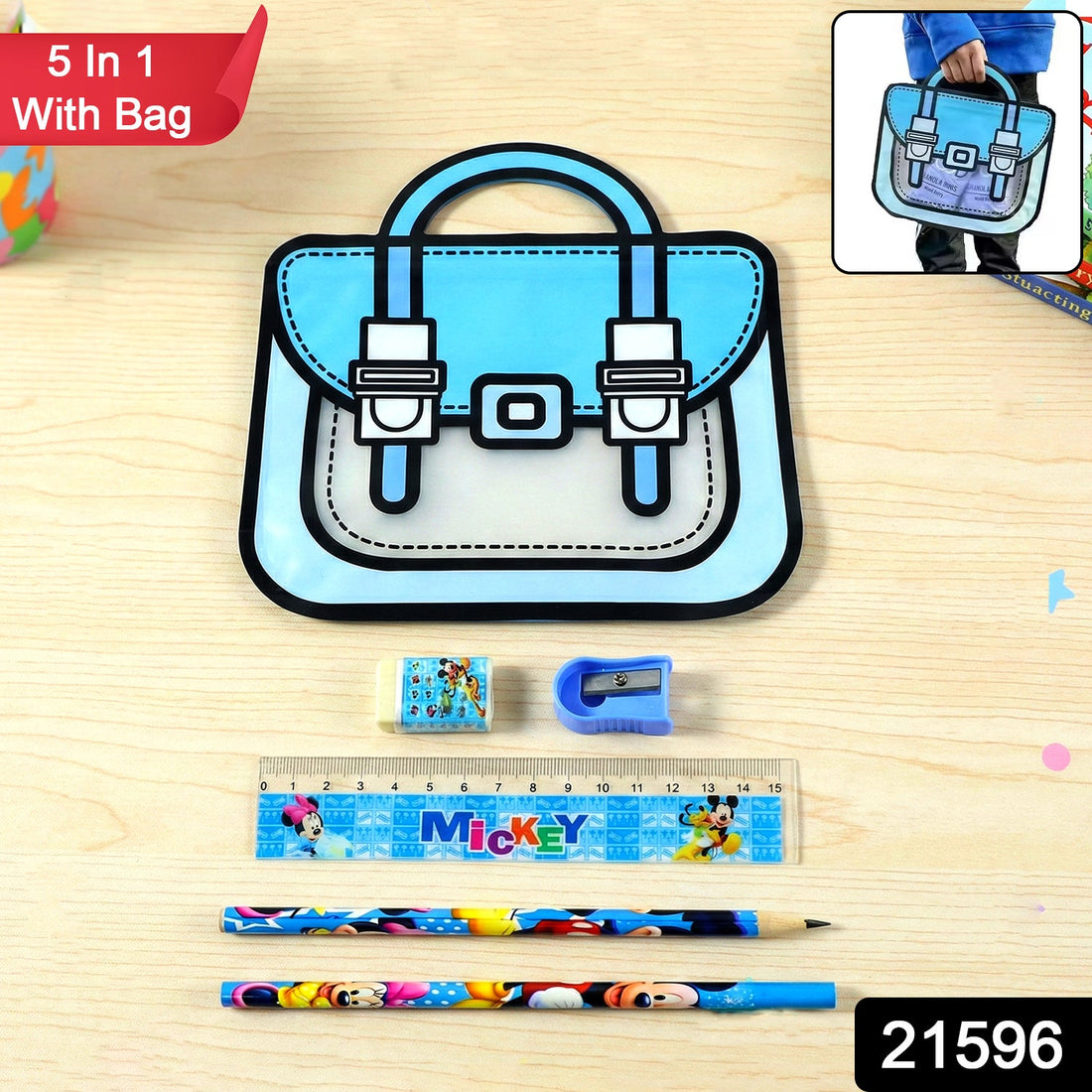 Kids stationery kit with cartoon-style carry bag for easy storage