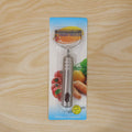 Compact stainless steel vegetable peeler on countertop