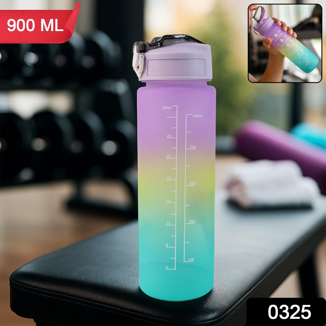 Front view of the Motivational Water Bottle with time markers and a vibrant design.