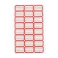 Single sheet showing multiple red and white self-adhesive rectangular label stickers