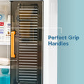 Kitchen cabinet with hooks holding utensils and towels