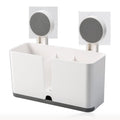 Storage bin set for toothbrush organization in bathroom with adhesive mount