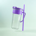Side view of kids plastic tumbler featuring straw and handle