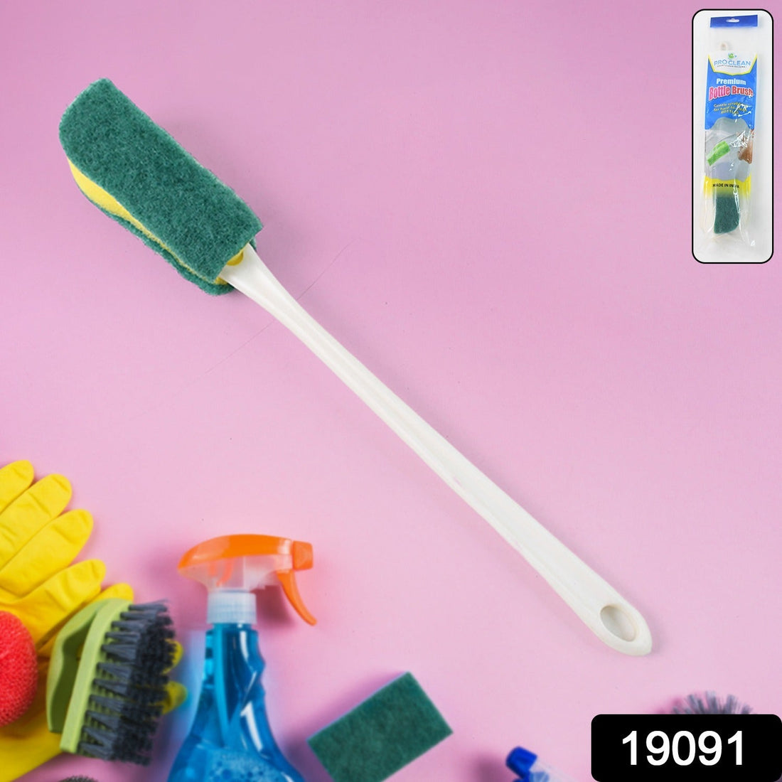Long handle bottle cleaning brush with dual-layer scrub head cleaning a glass bottle