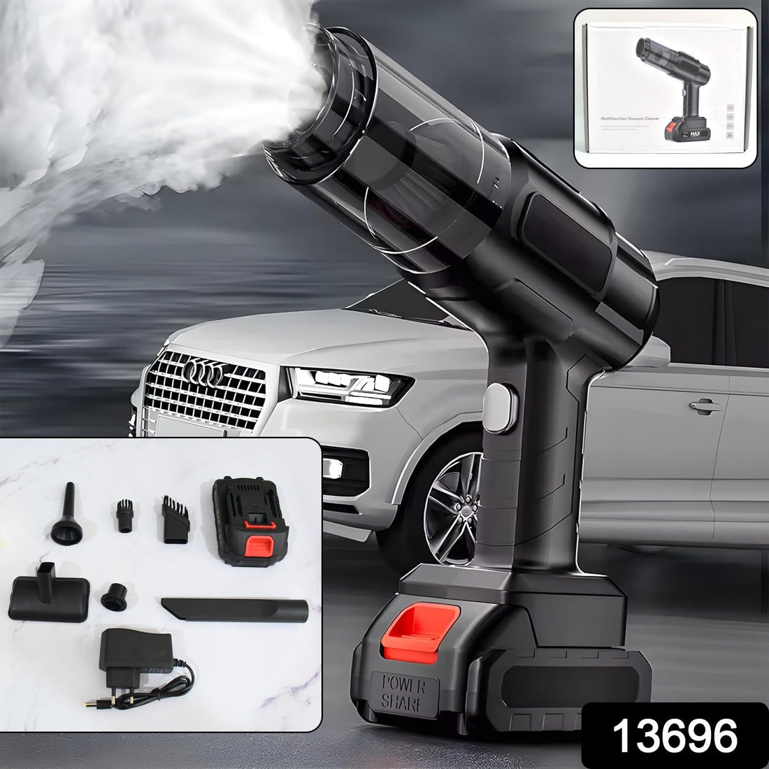 Wireless handheld vacuum cleaner with various attachments for car and home cleaning.