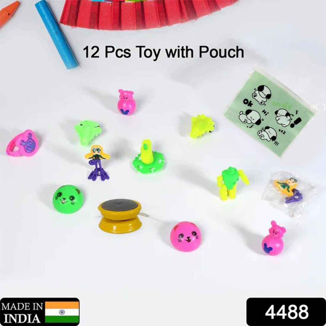 A collection of small, colorful plastic toys in a clear pouch.