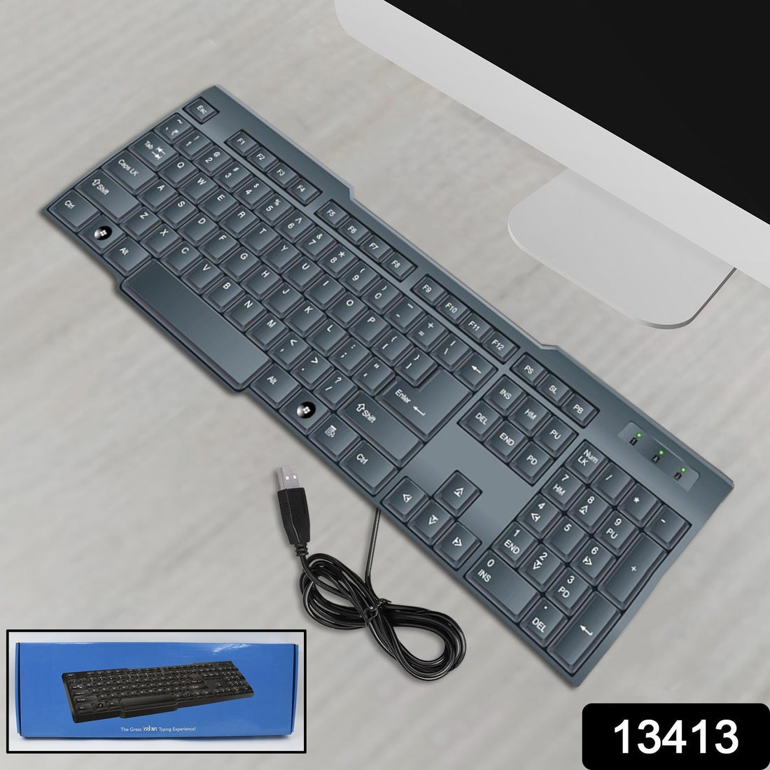 Wired USB keyboard with 104 keys for efficient typing.